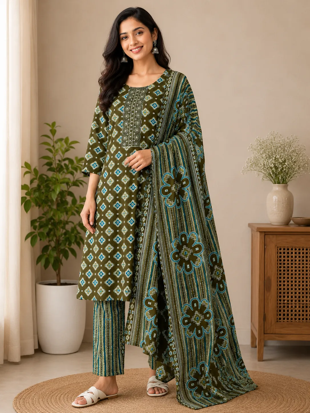 Olive Green Geometric Print undefined Set with Dupatta