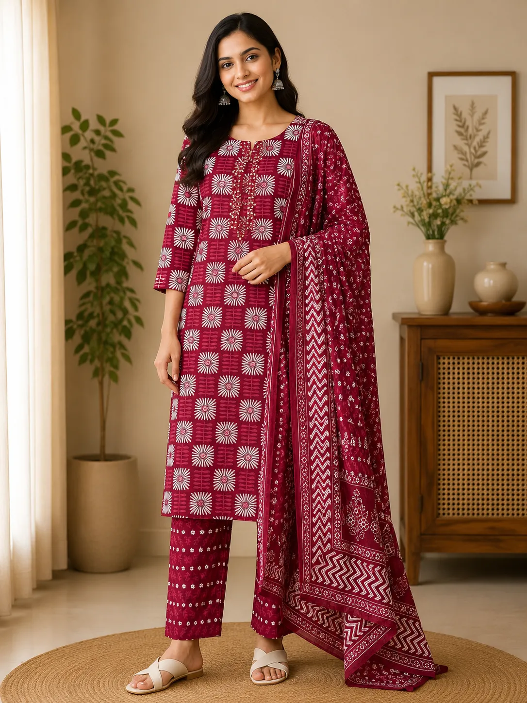 Maroon Block Print Cotton Kurta Set with Dupatta