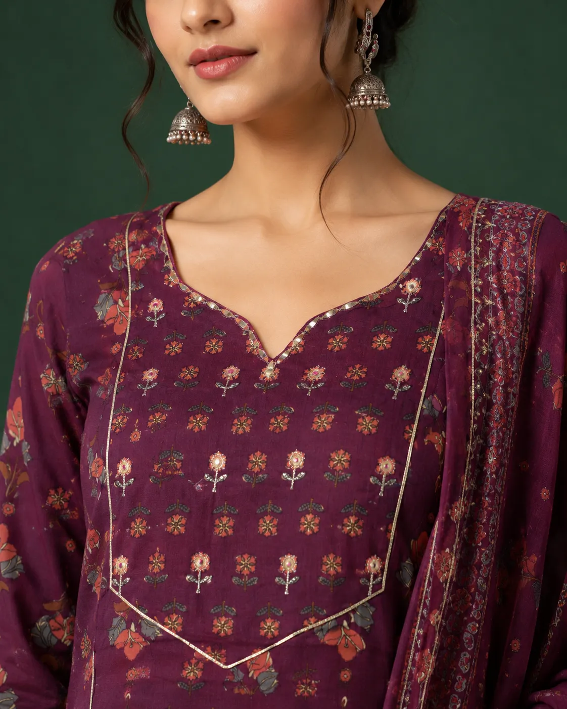 Maroon Floral Print Cotton SKD Set with Dupatta