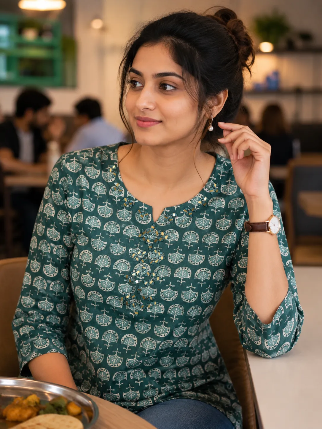 Green Floral Print Cotton Tunic with Mirror Work