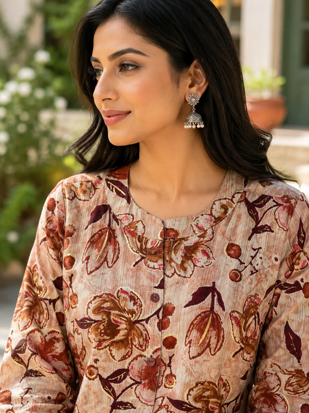 Beige & Brown Floral Print Vetican Anarkali Kurti