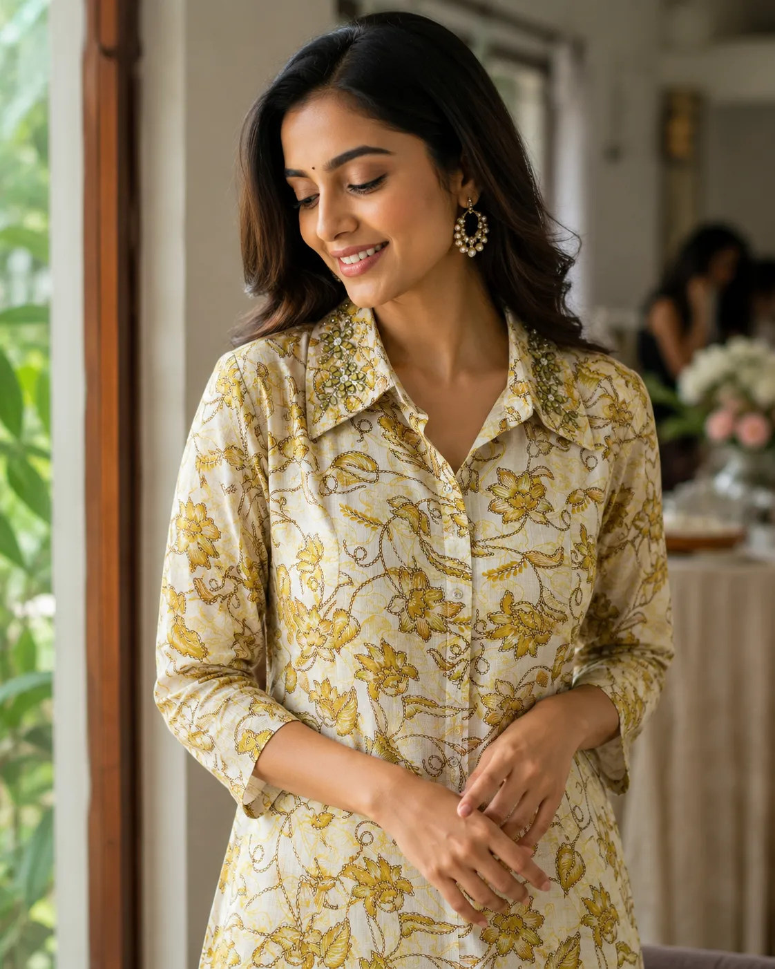 Beige & Yellow Floral Printed Cotton Kurti with Beaded Collar