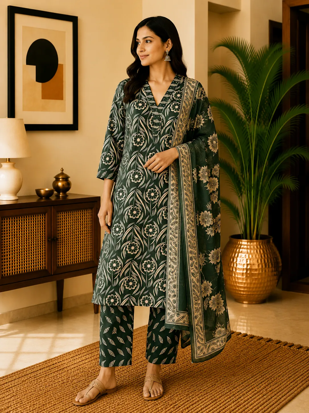 Green Floral Rayon Kurta Set with Dupatta