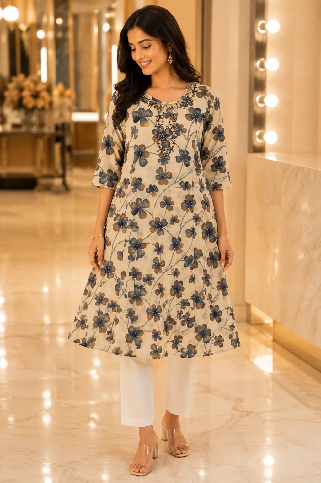 Beige Floral A-Line Kurti with Embellished Neck