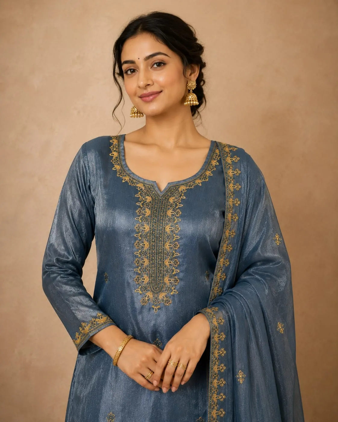 Blue Embroidered Viscose SKD Set