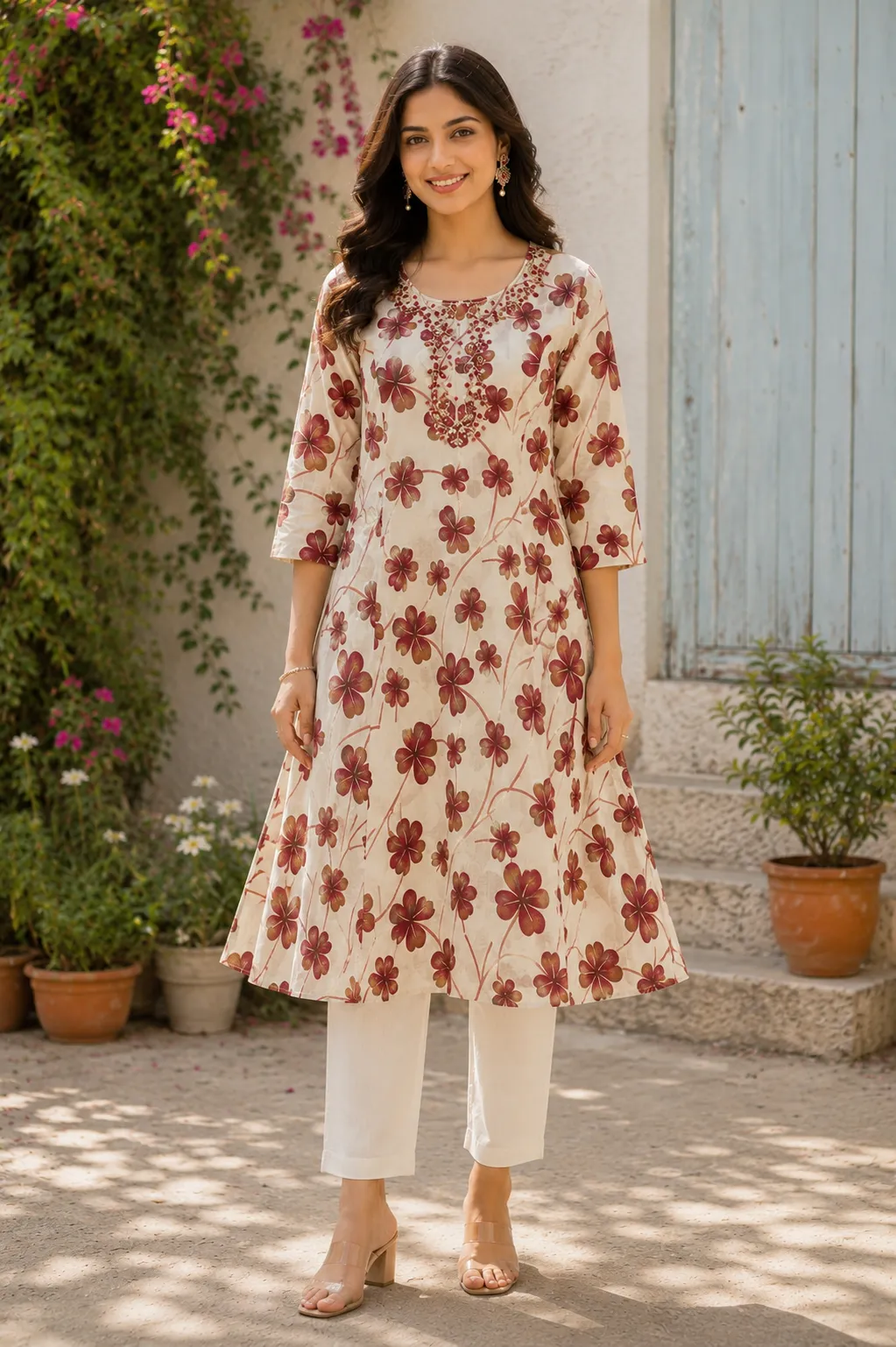 Beige Floral A-Line Kurti with Stone Work