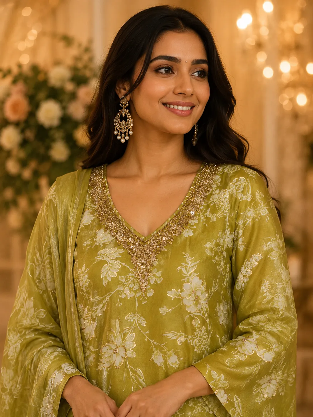 Olive Green Floral Embellished Full Sleeve V-Neck Ensemble