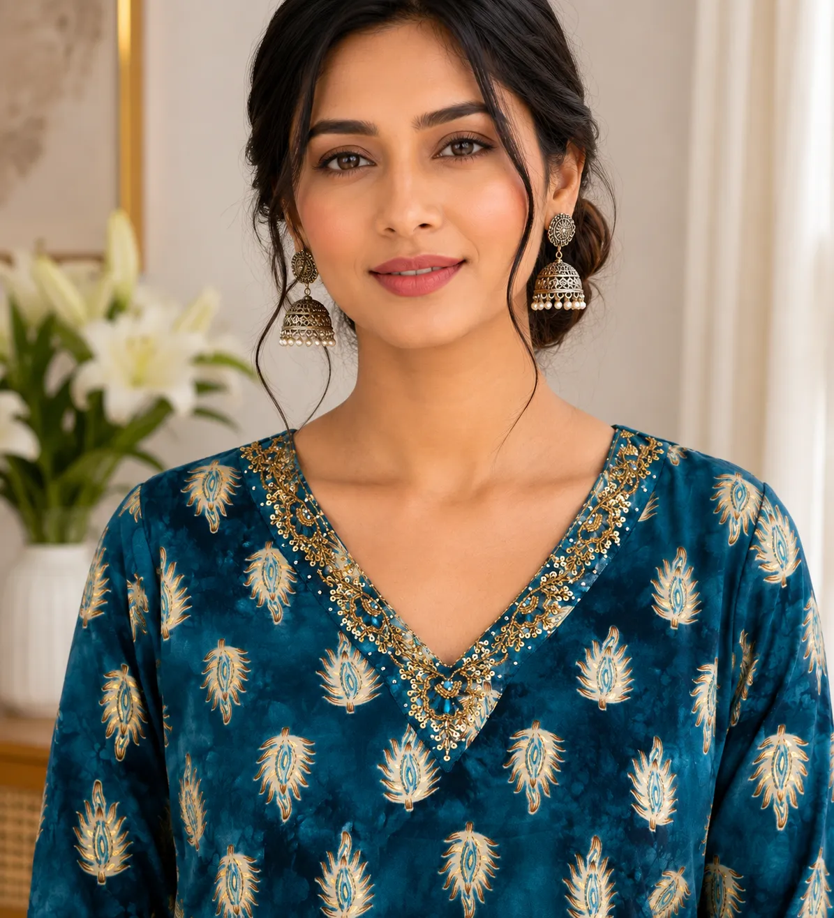 Teal Blue Paisley Rayon Kurti with Embellished V-Neck