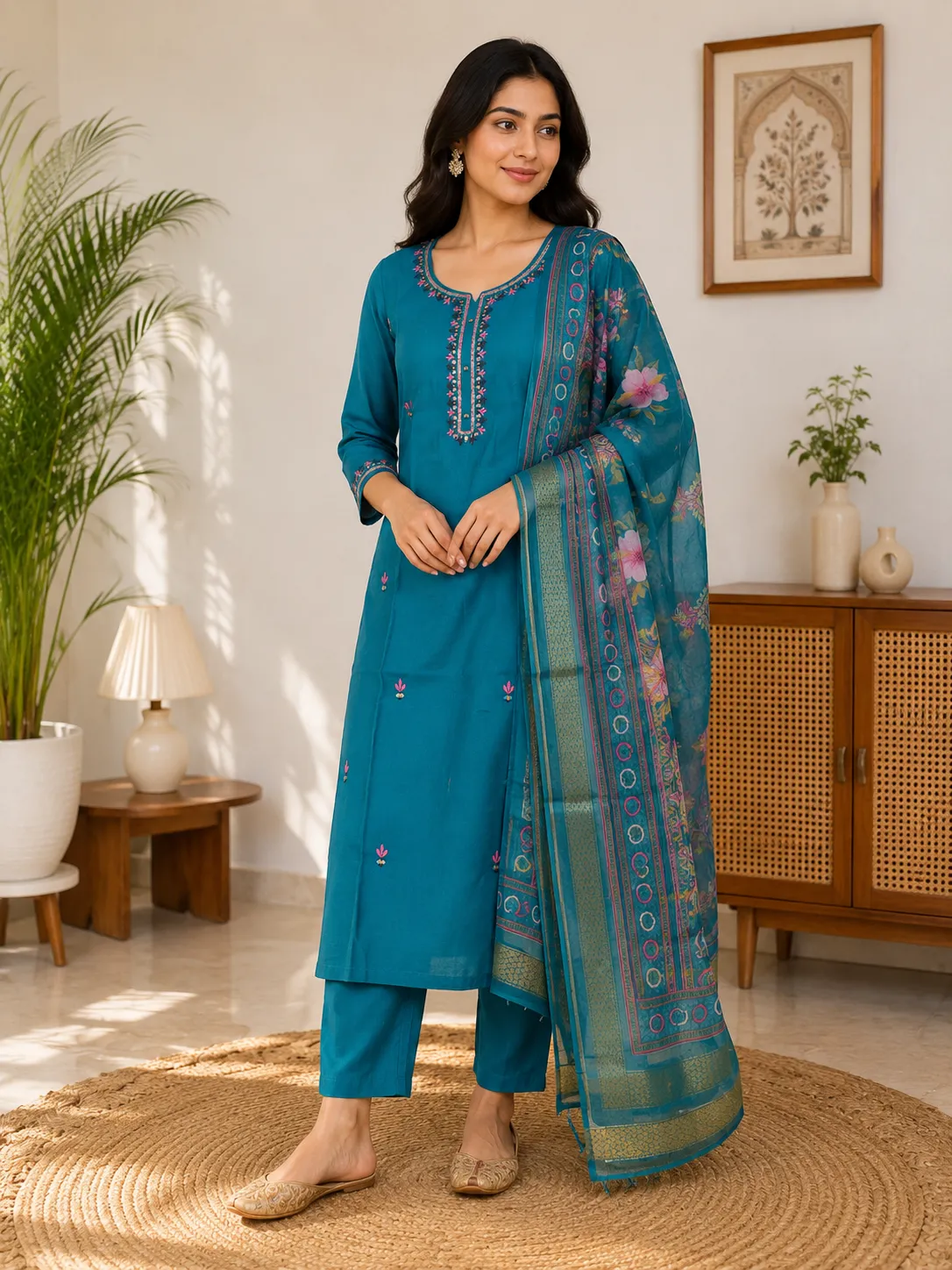 Blue Embroidered Rayon SKD Set with Floral Dupatta