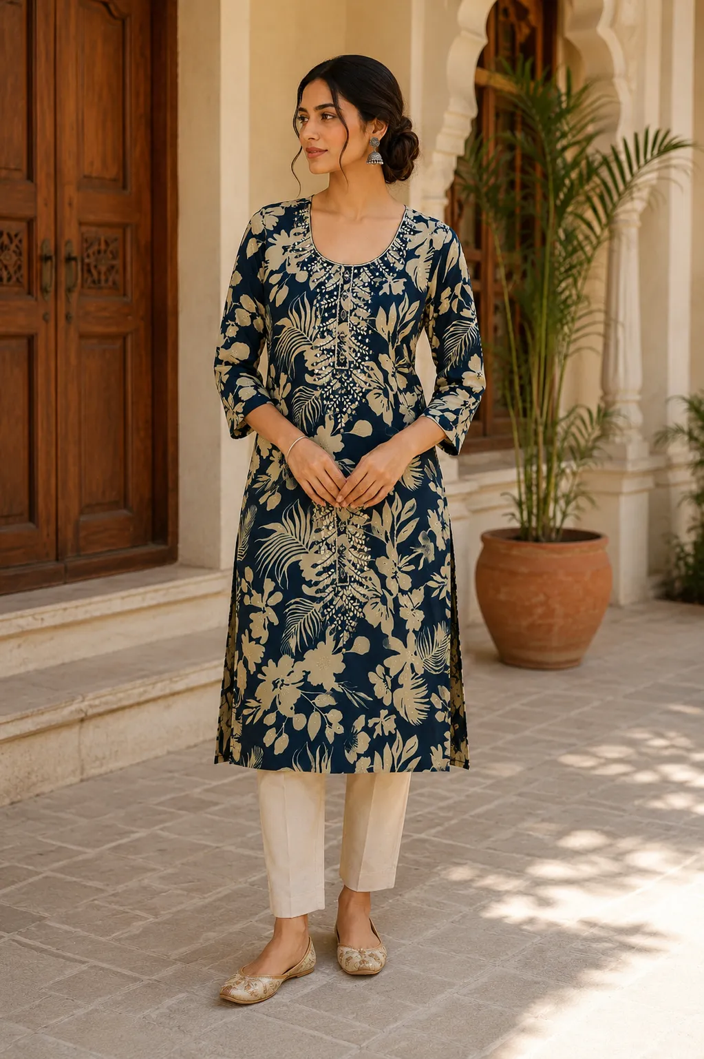 Navy Blue Floral Printed Rayon Kurti with Thread Work