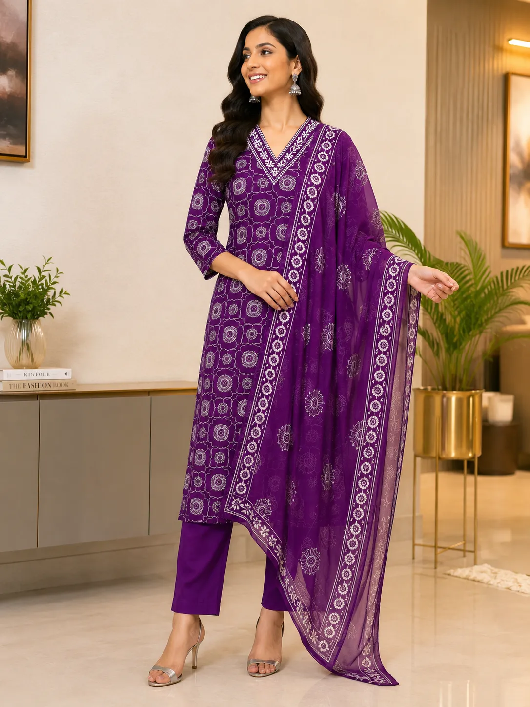 Purple Geometric Print Rayon Kurta Set with Dupatta