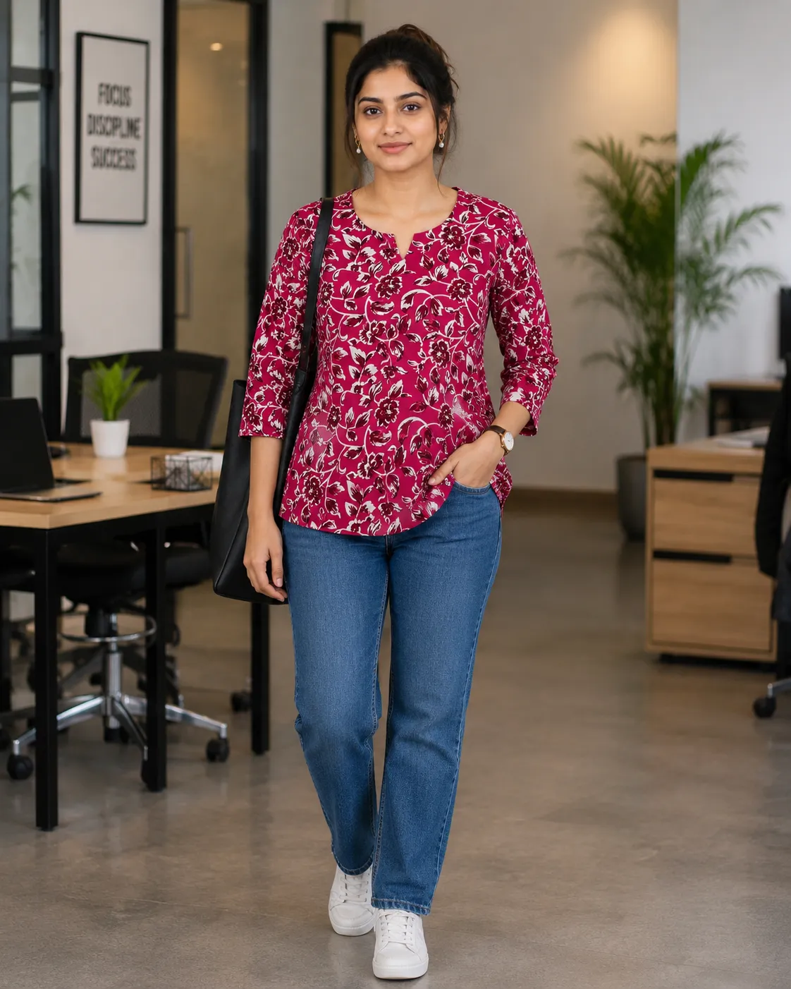 Maroon Floral Print Cotton Tunic