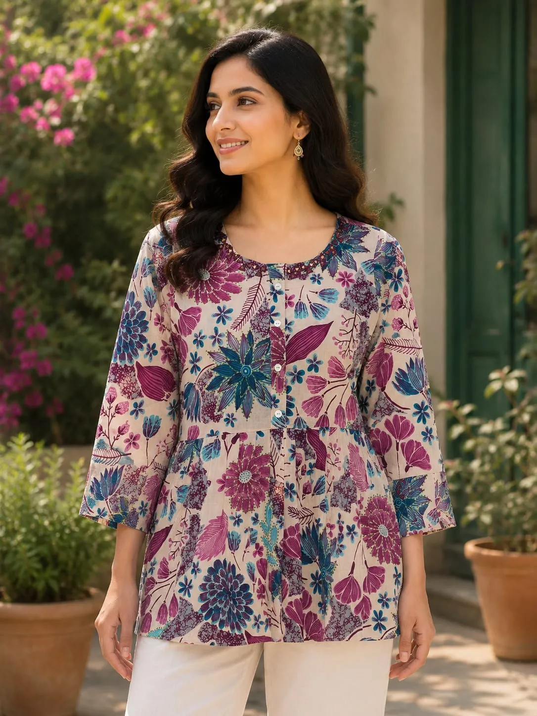 Beige Floral Cotton Flared Tunic