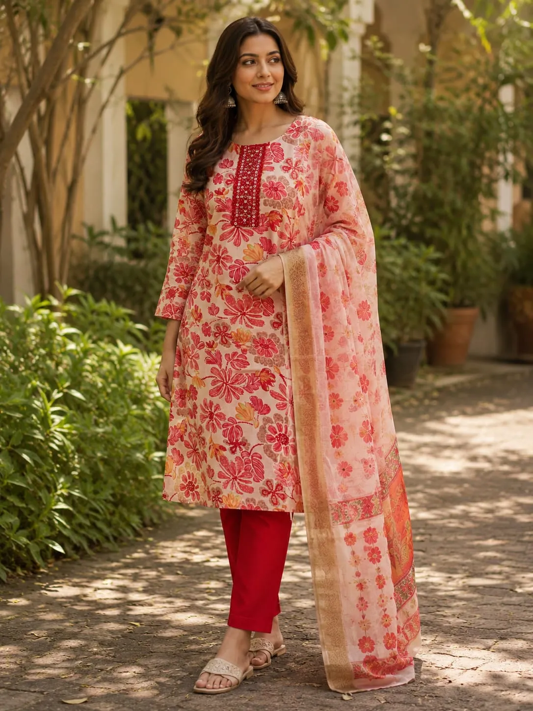 Pink Floral Viscose SKD Set with Red Pants