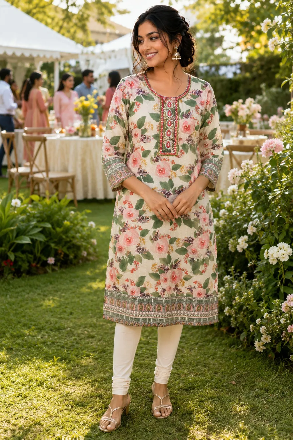 Beige Floral Printed Rayon Kurti with Stone & Bead Embellishment