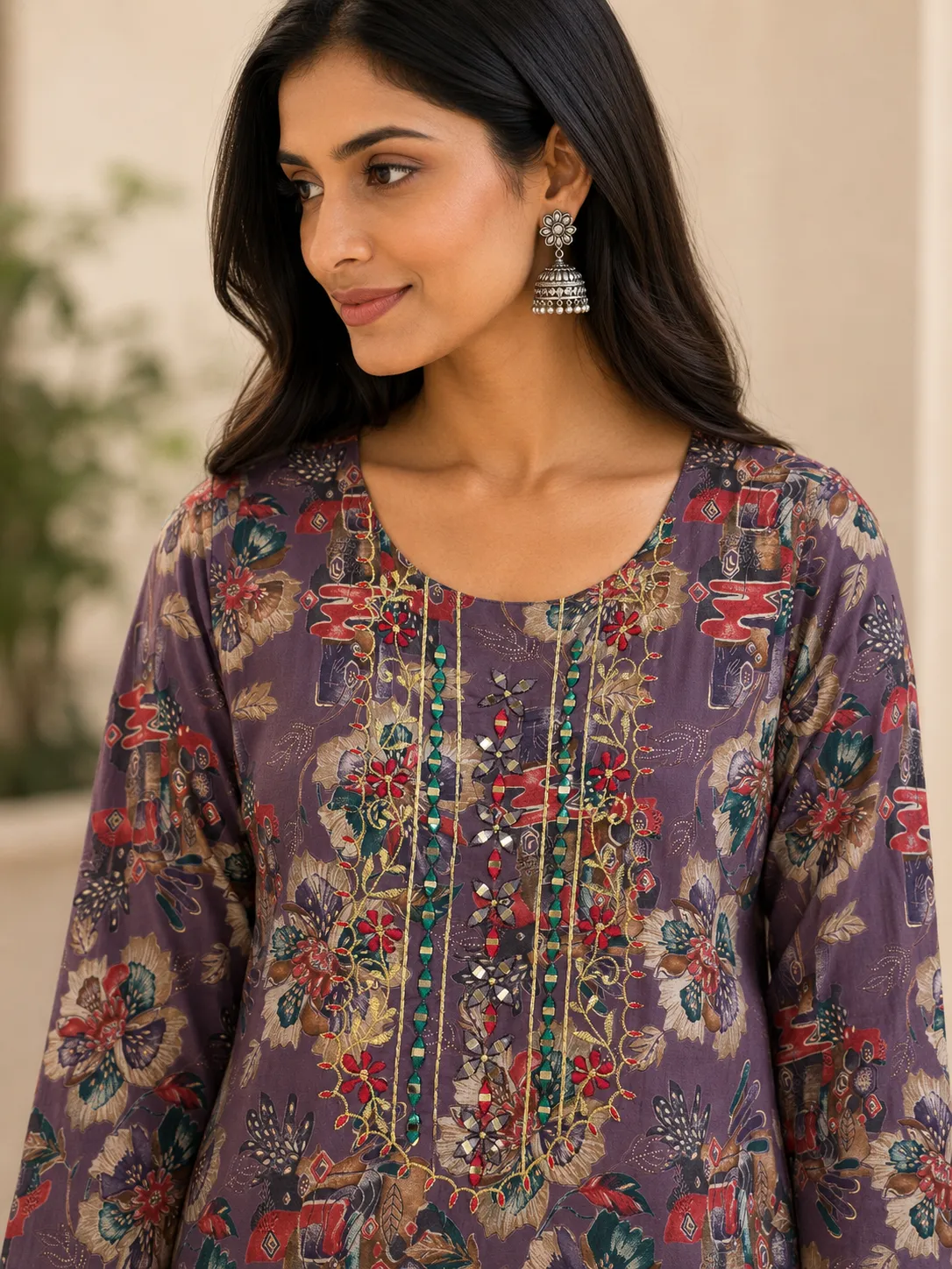 Purple Floral Embroidered Muslin Kurti
