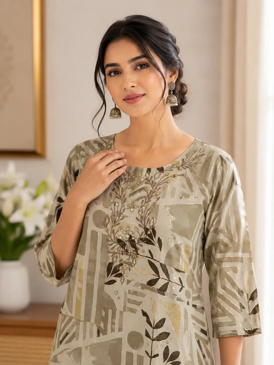 Olive Green Abstract Print Embroidered Rayon Kurti