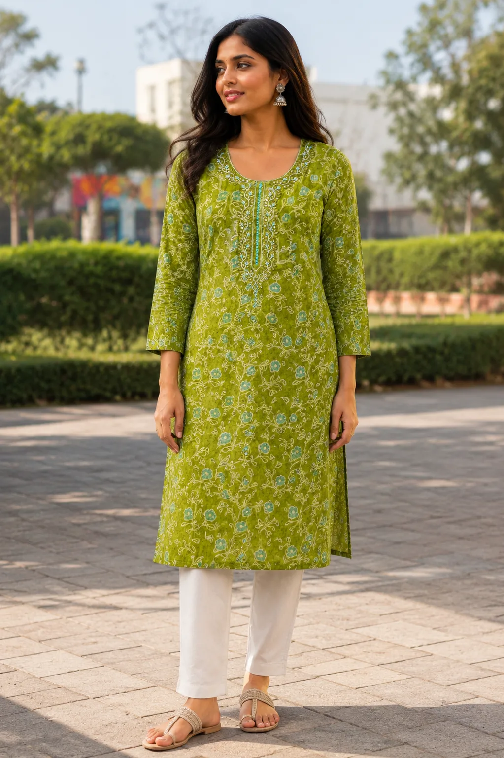 Olive Green Floral Printed Vetican Kurta with Mirror Work