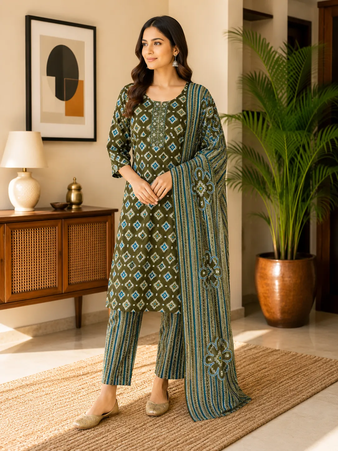 Green Geometric Print Rayon Kurta Set with Dupatta