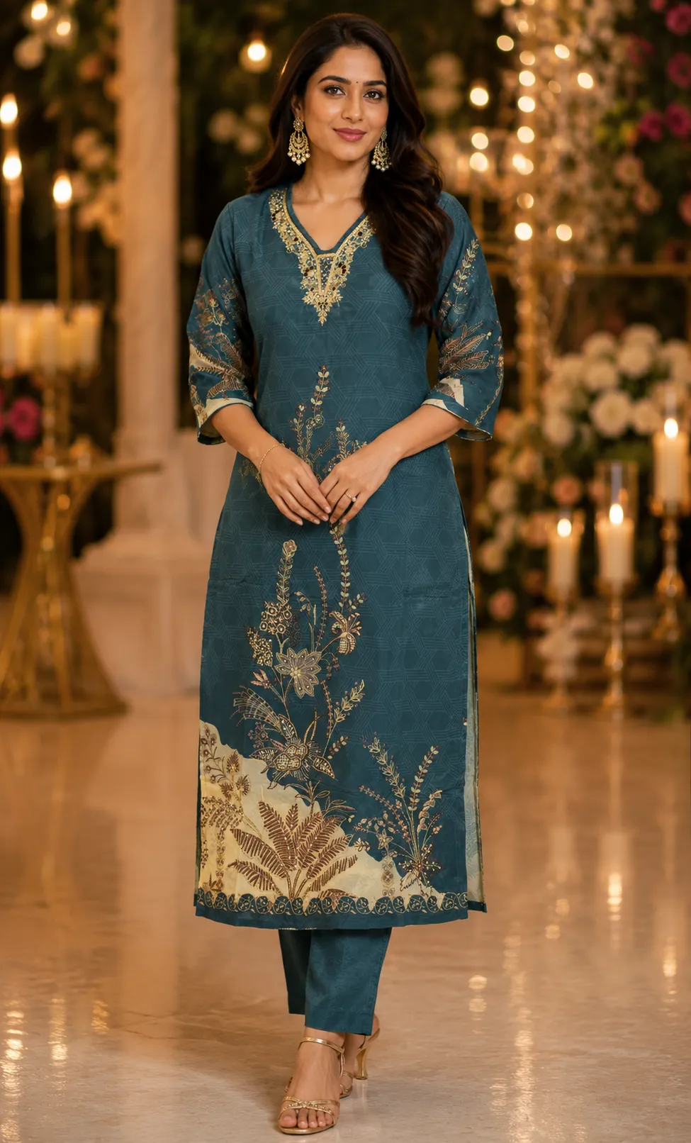 Blue Floral Embroidered Crepe Kurti