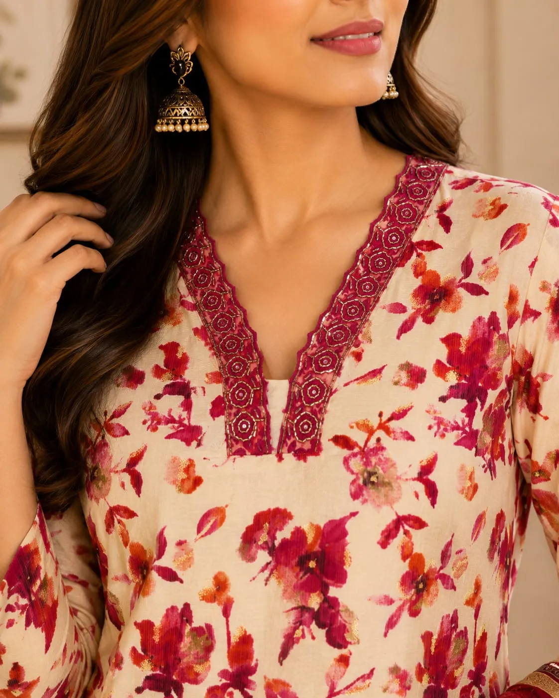 Beige Floral Vetican SKD Set with Embroidered V-Neck