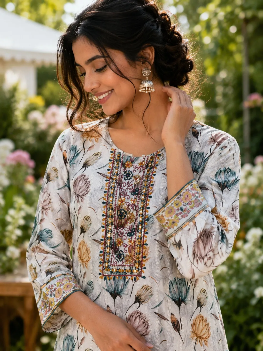 Beige Floral Embroidered Rayon Kurti