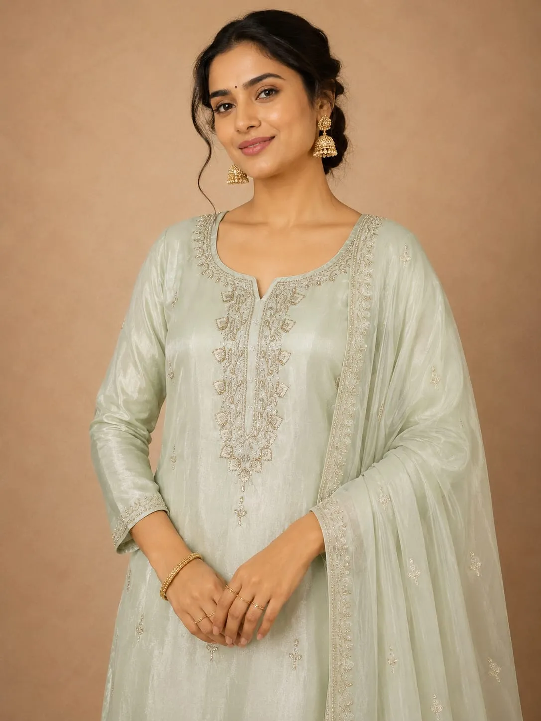 Elegant Green Embroidered Glass Satin SKD Set