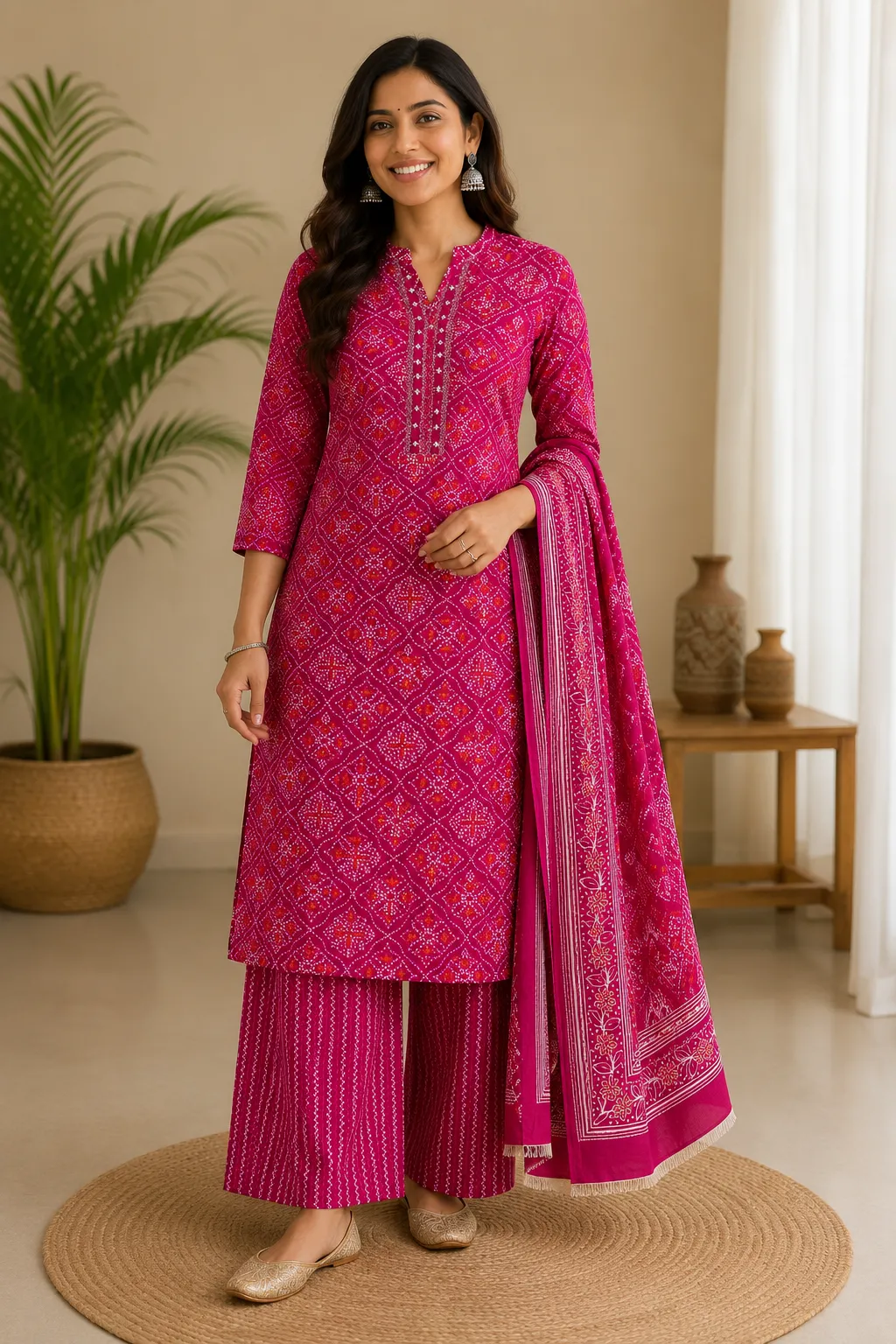 Magenta Bandhani Print Rayon Kurta Set with Palazzo & Dupatta
