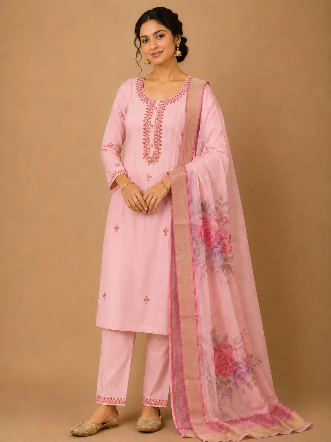 Pink Embroidered Viscose SKD Set with Floral Dupatta