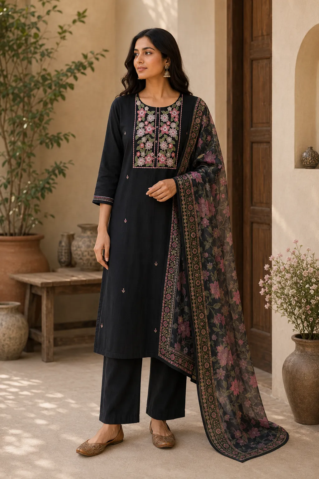 Black Embroidered Rayon SKD with Floral Dupatta