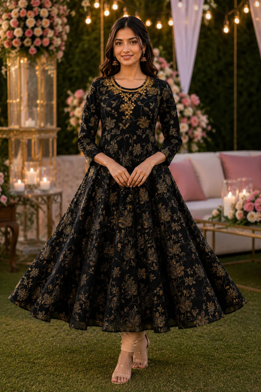 Black Anarkali Kurti with Floral Print & Embroidery