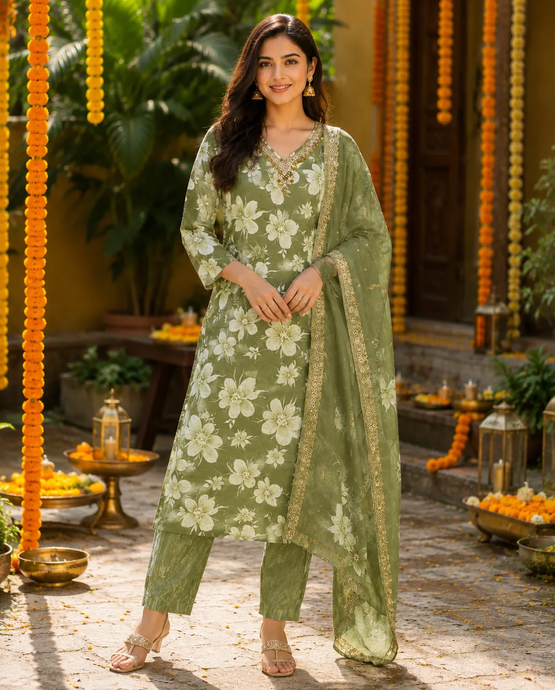 Green Floral Print V-Neck Kurta Set with Dupatta