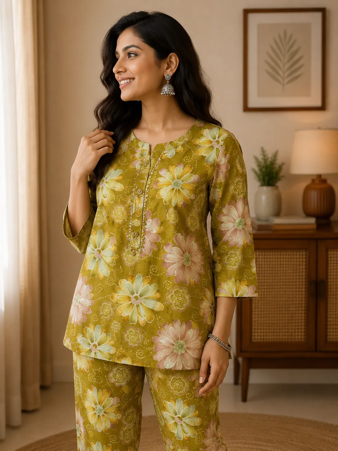Olive Green Floral Cotton Tunic and Pant Set