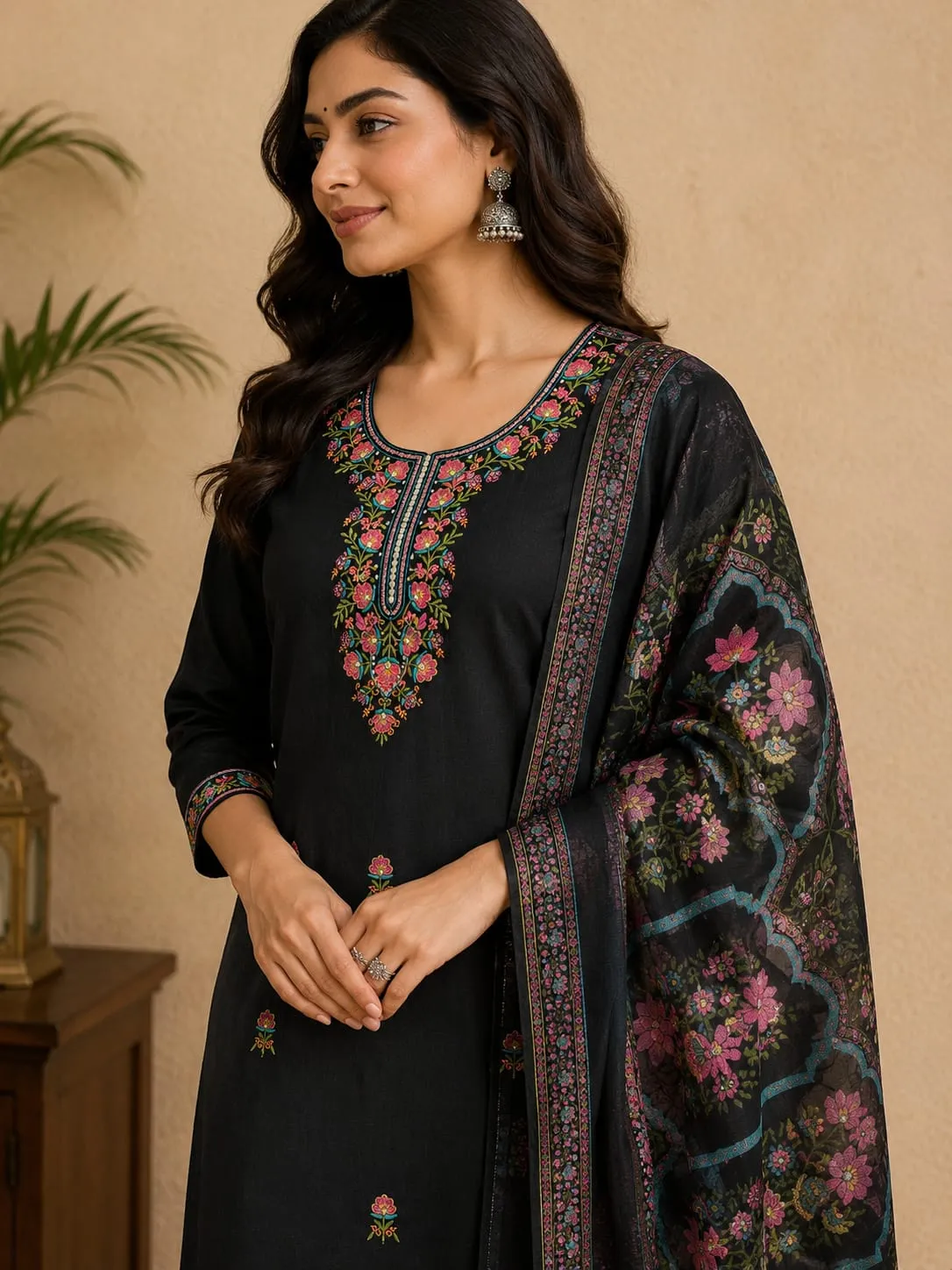 Black Embroidered SKD Set with Floral Dupatta